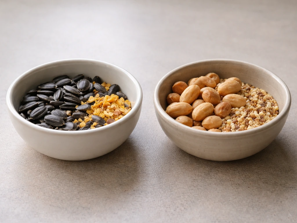 Two small bowls side by side: unsalted black oil sunflower seeds and corn vs salted peanuts and salted seed.