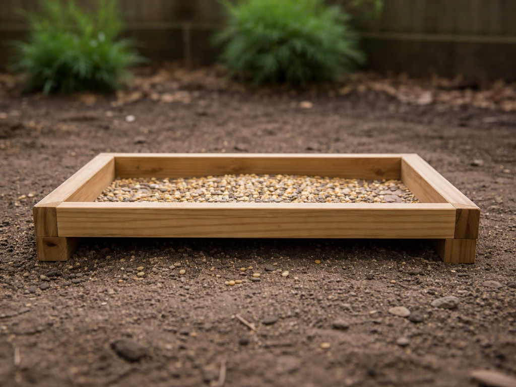 Low platform tray feeder on bare soil with open access for ground-feeding magpies.