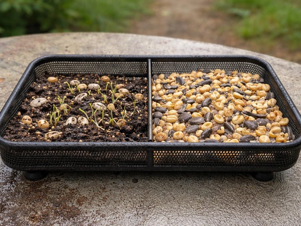 Bird feeder tray showing damp seeds with tiny sprouts beside dry, fresh seeds.