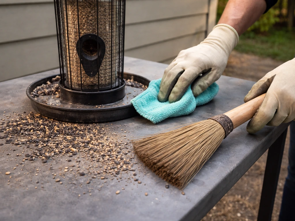 Gloved hands wiping a bird feeder while sweeping up seed husks and debris outdoors.