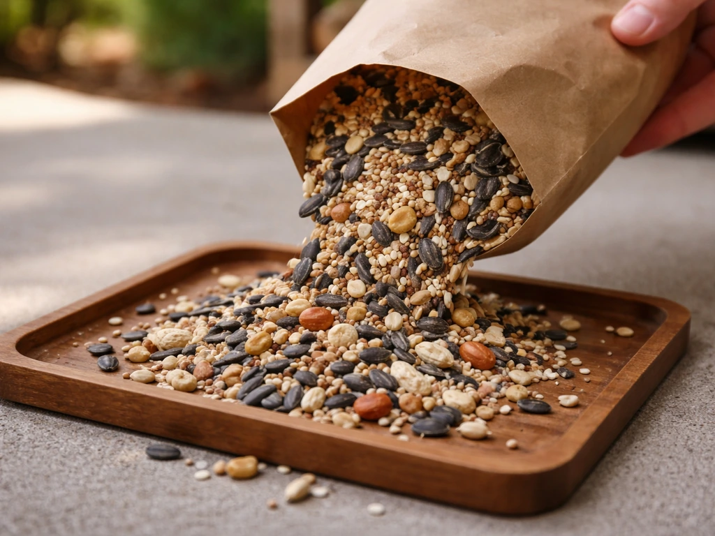 Close-up of birdseed blend being poured from a bag into a small tray with visible ingredients