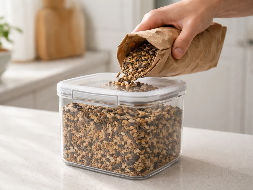 Airtight container filled with bird seed with a sealed lid, ready to prevent mold and pests.