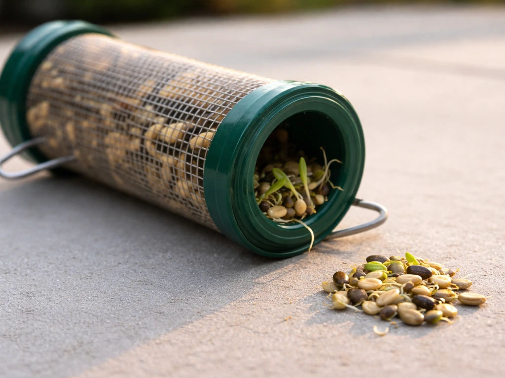 Close-up of a seed feeder with a few sprouted kernels and a small pile of removed sprouts.