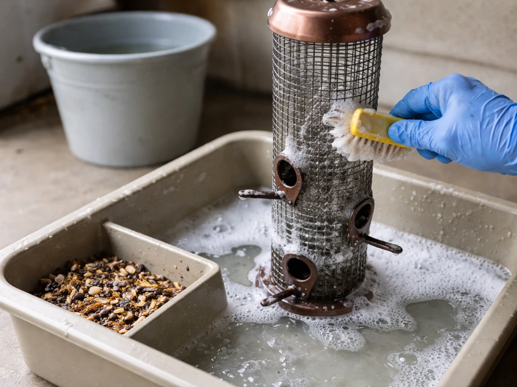 Close-up of a bird feeder being scrubbed with soapy water over a clean work area.