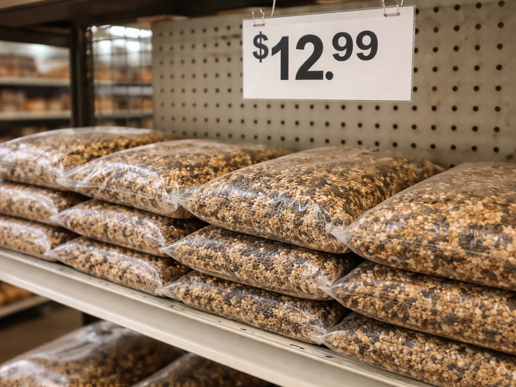Close view of bagged bird seed on a store shelf with a clear price sign above, Tractor Supply-style setting
