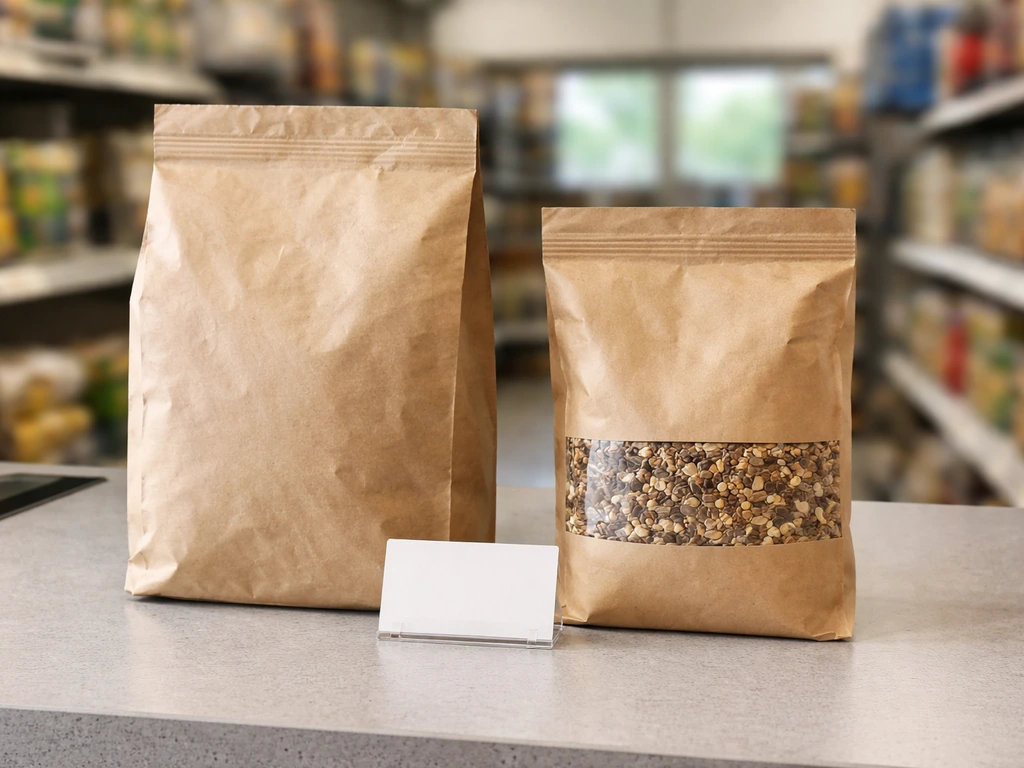 Two bird seed bags on a store checkout counter with a small price-card style label area blurred