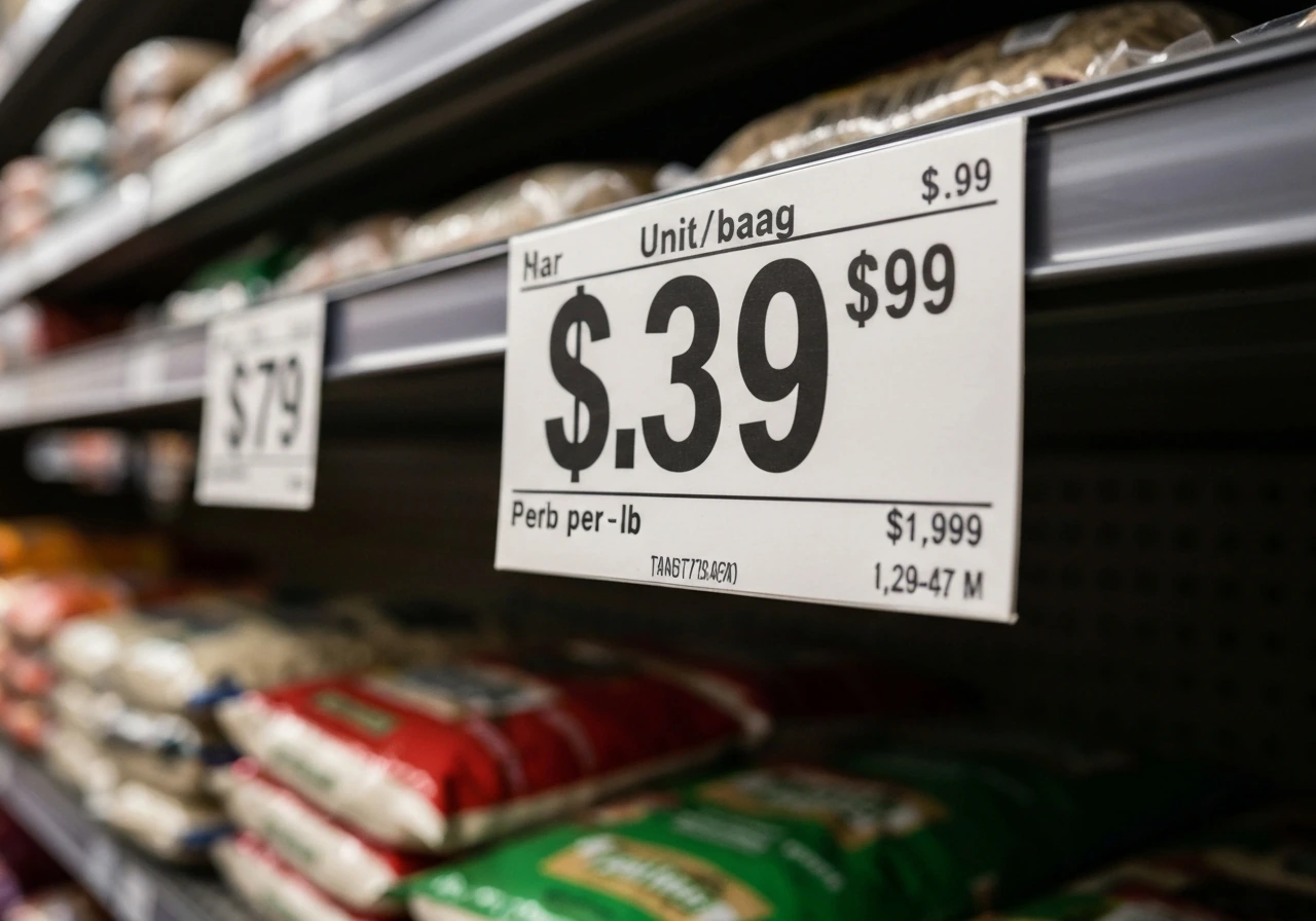 Close-up of a store shelf price tag showing both bag price and smaller per-pound price.