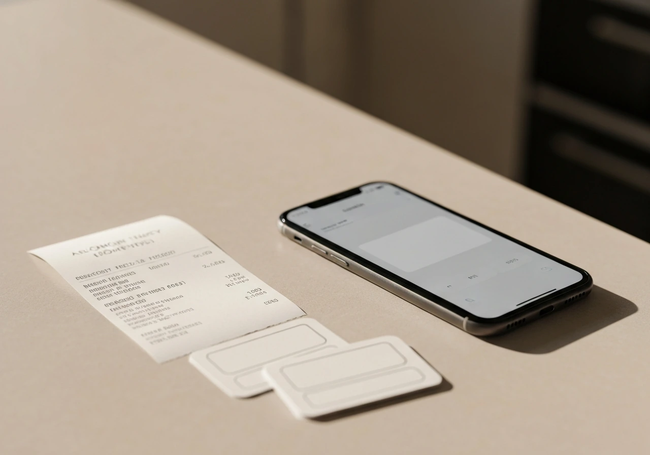 Receipt and blank coupons beside a smartphone payment wallet scene on a kitchen table