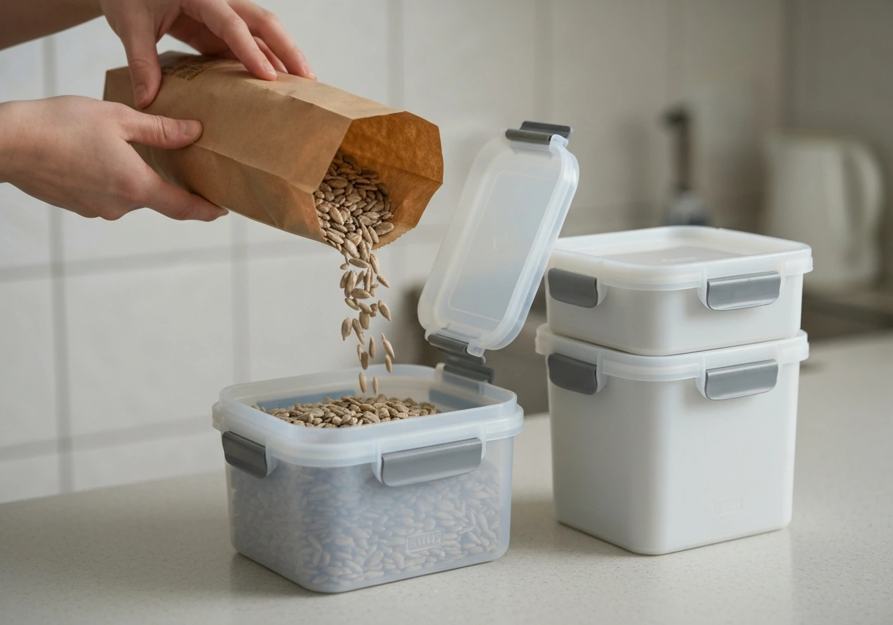 Hands transferring sunflower seeds from an open bag into a hard-sided, locking seed storage container.