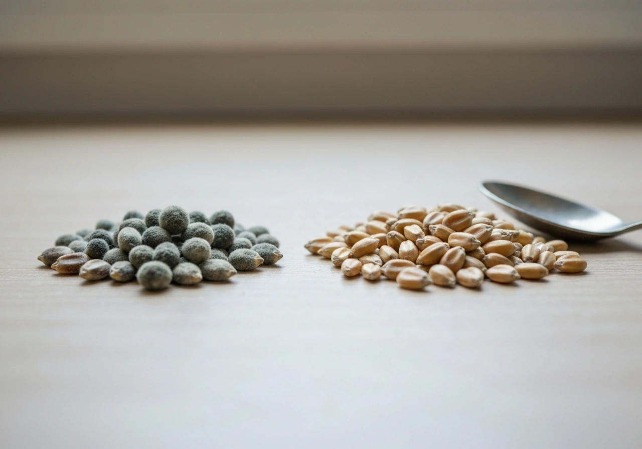 Close-up of moldy grey-green bird seed beside dry clean seed, with a spoon indicating discarding.