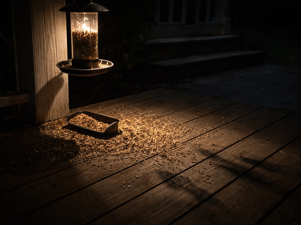 Nighttime porch view of a bird feeder tipped over with bird seed scattered, hinting at theft off-camera.
