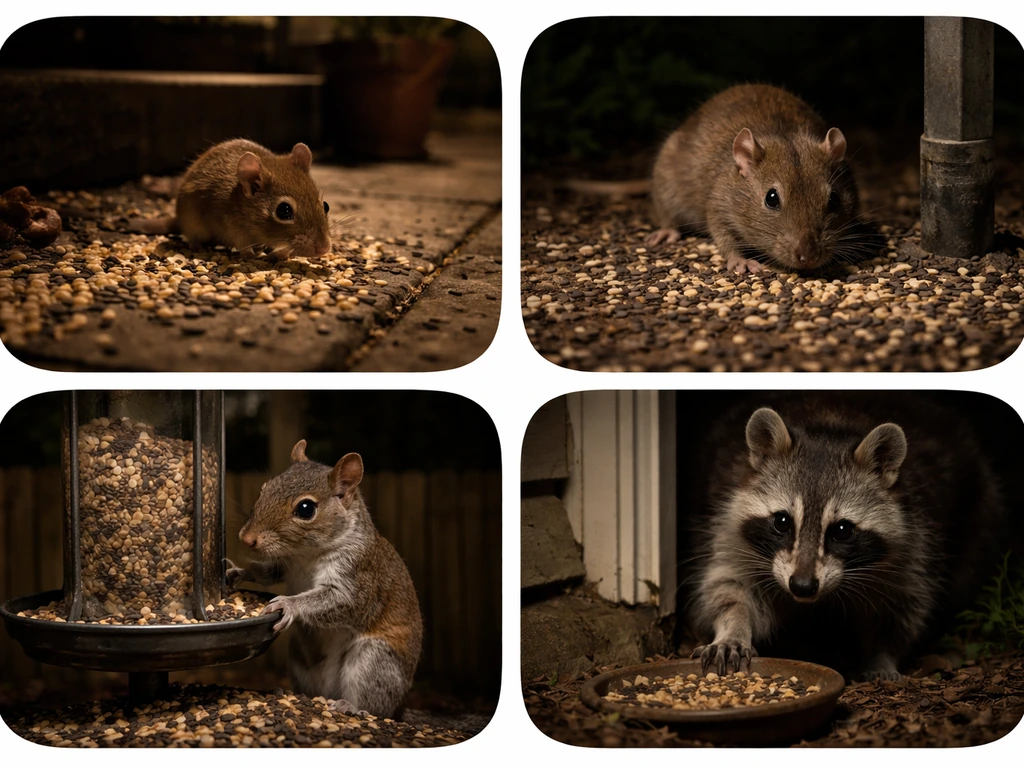Nighttime backyard collage showing mice, rats, squirrels, and a raccoon targeting a spilled bird-seed pile