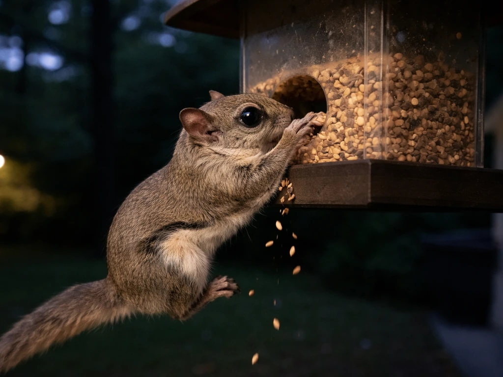 Nighttime flying squirrel reaching into a bird feeder from the underside of the feeder