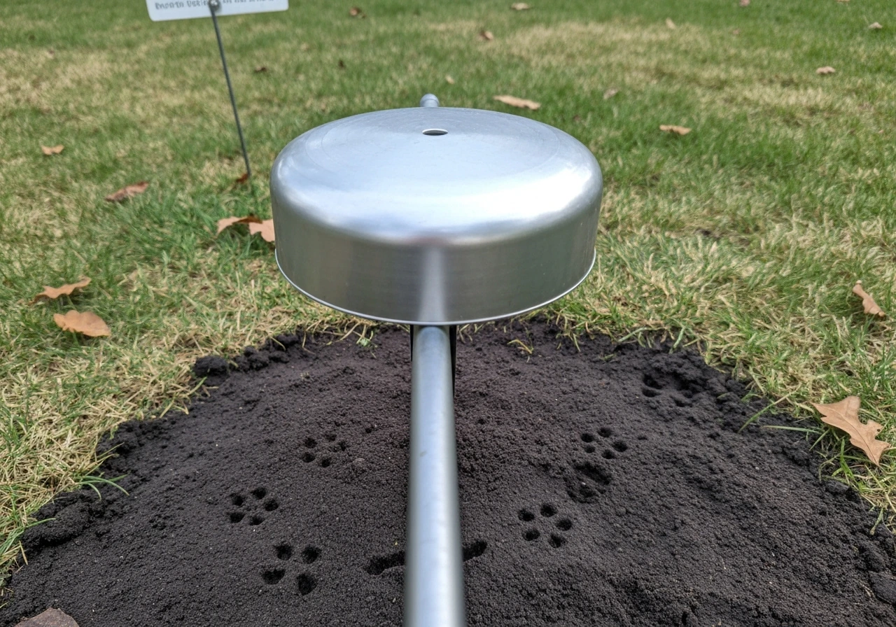 Close-up of a feeder pole with a smooth baffle barrier blocking squirrels, set over soft mud with fresh tracks.