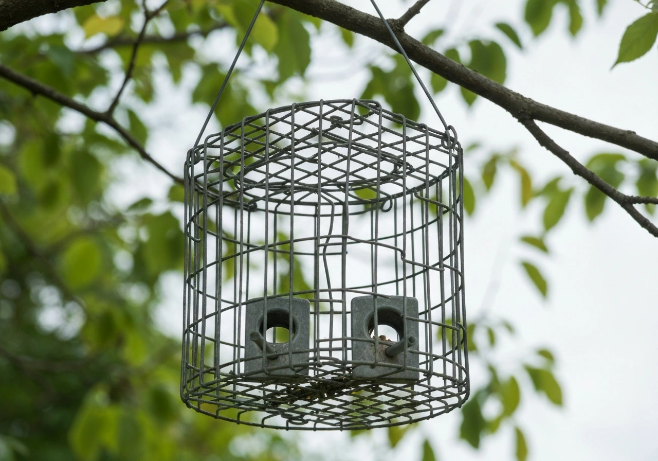 Close-up of a wire-cage bird feeder with small-access openings, stopping larger animals from reaching seeds.