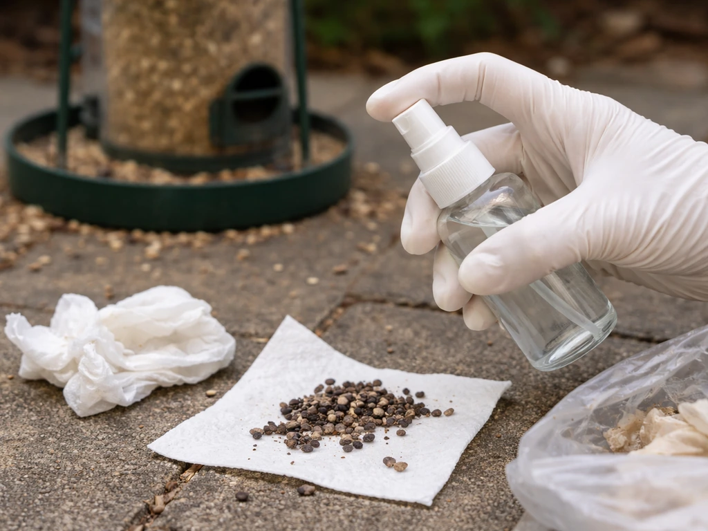 Gloved hands spraying disinfectant to clean rodent droppings near a bird feeder outdoors.
