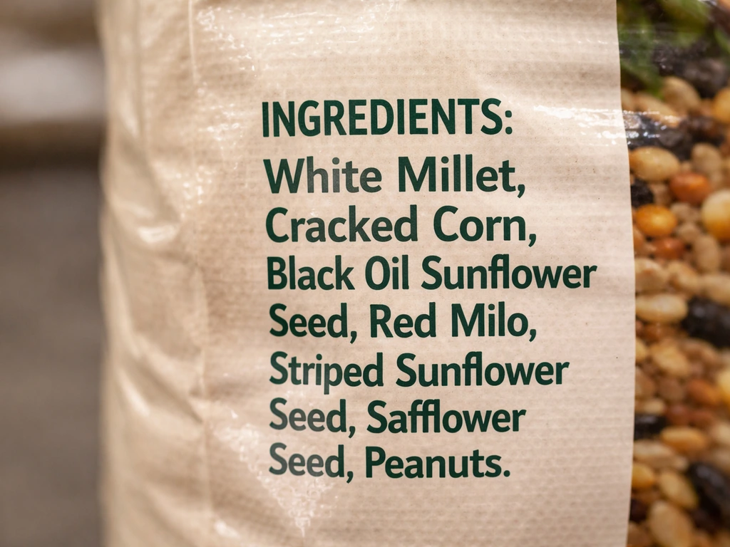 Close-up of a bird seed bag label with the ingredient list clearly showing millet