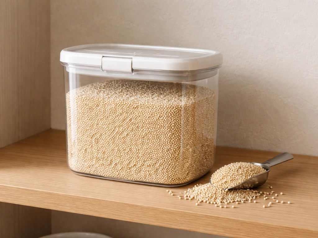 Airtight container of white millet bird seed in a cool, dry pantry/utility shelf with dry grains visible.