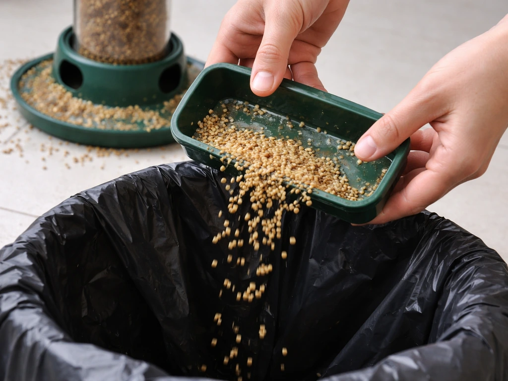 Hands emptying wet millet from a feeder tray into a trash bag on a simple kitchen floor