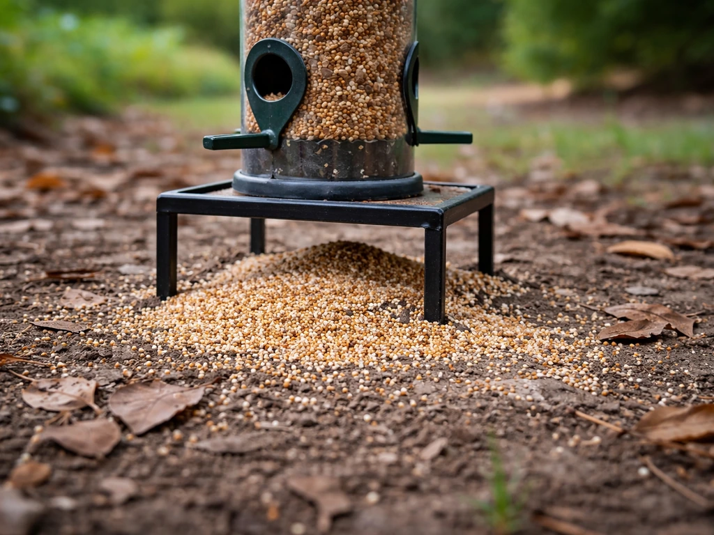 Piles of millet scattered on the ground beneath a bird tube feeder with a few seeds near the base.