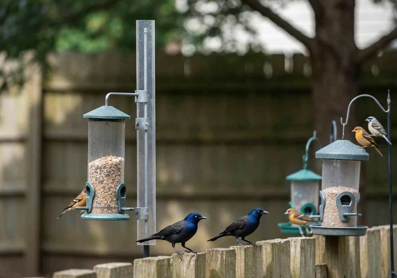 Backyard bird feeders with a baffled feeder setup; grackles deterred while small songbirds feed nearby.