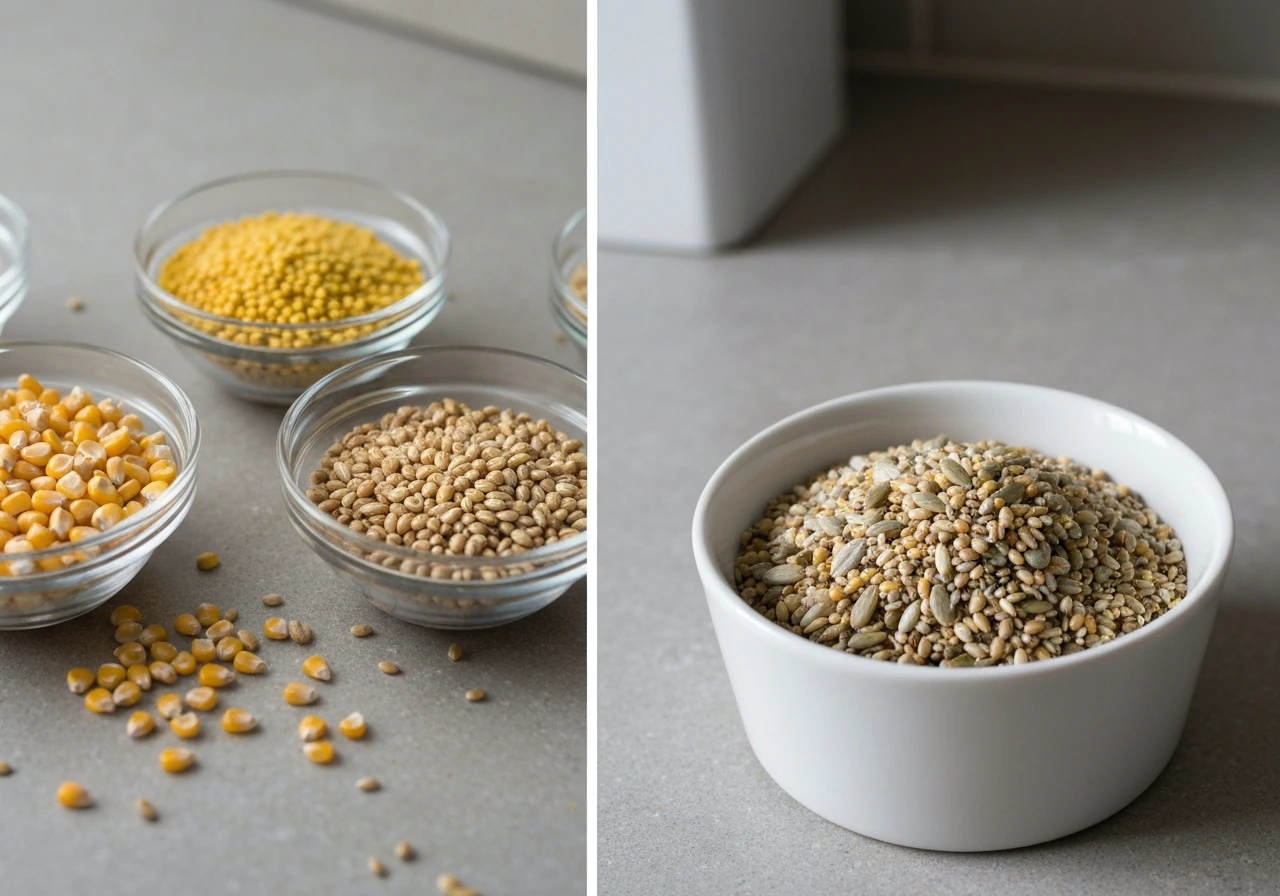 Side-by-side bowls of grackle-attracting grains versus a cleaner mixed seed bowl on a counter.