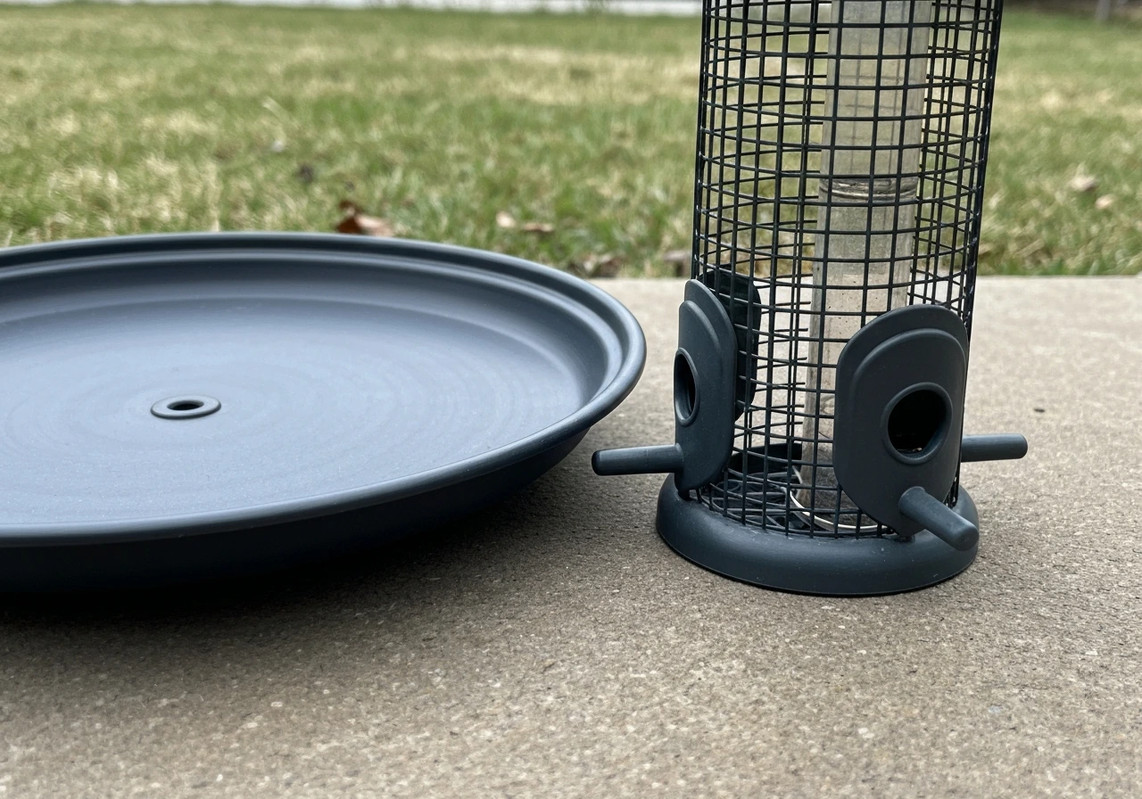 Side-by-side platform feeder and restrictive tube feeder in a backyard, showing grackle-friendly vs resistant design.