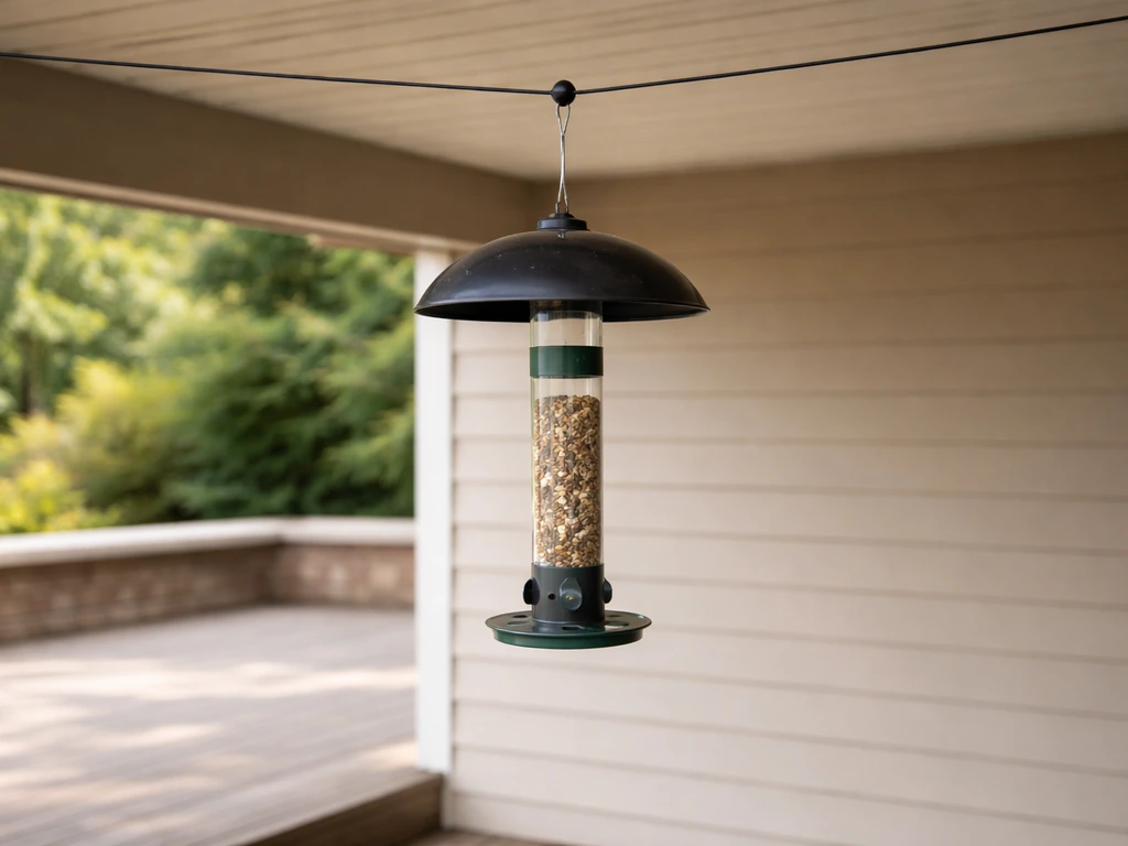 Bird feeder hanging with 5–6 feet of clear space below, away from a deck/patio ledge staging area.