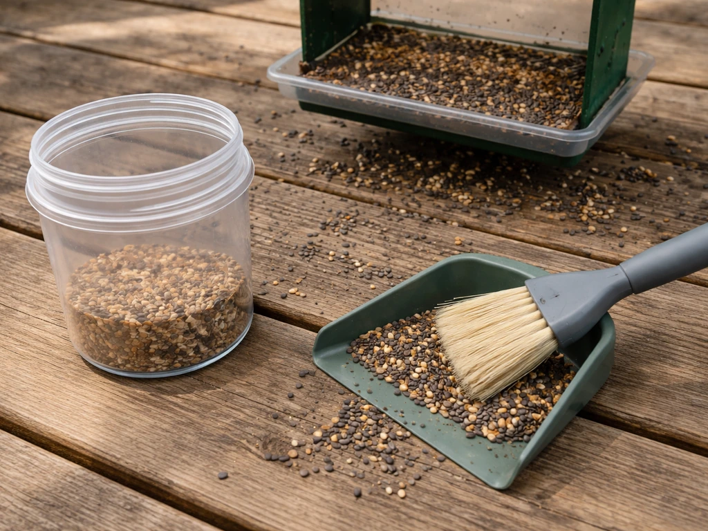 A transparent airtight container and hand scoop clean wet spilled seed hulls under a feeder tray.