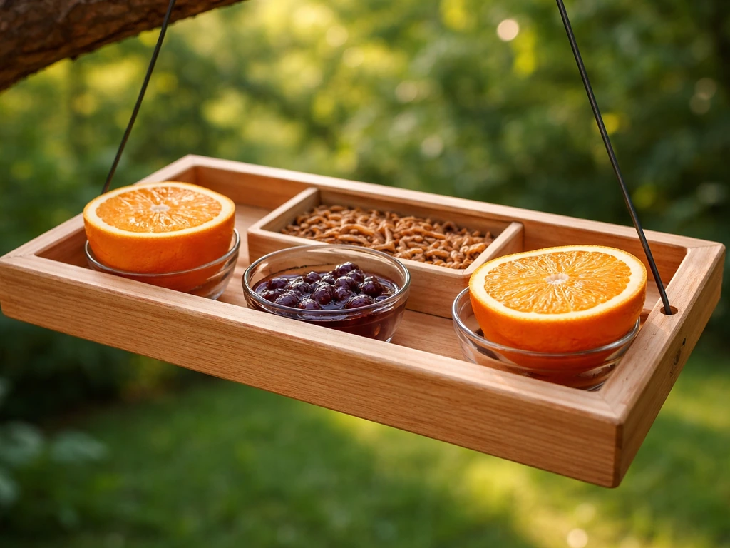 Close-up of a wide platform feeder offering fruit jelly and mealworms for orioles