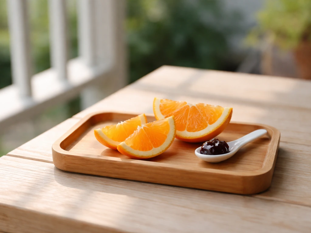 A small tray with half an orange slice portion and a couple spoonfuls of grape jelly.