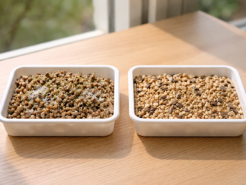 Two close-up bird-feeding trays: one with wet, clumped sprouts and moldy seed; one clean and dry