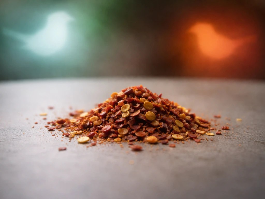 Macro view of red pepper flakes beside a simple bird-safe symbolic bird-shaped silhouette in soft light