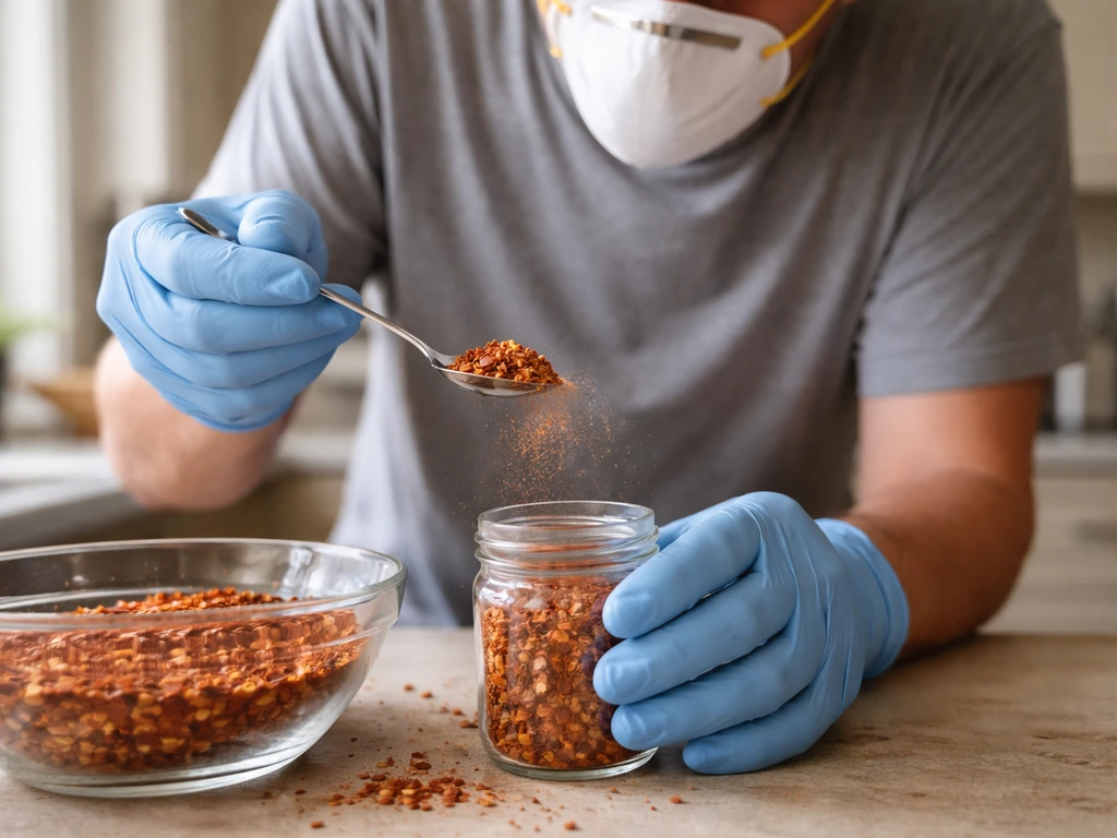 Anonymous masked and gloved person spooning pepper flakes into a jar, showing airborne particle risk safely.
