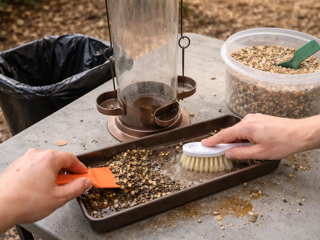 Hands scrub a bird feeder and remove old seed, with fresh dry seed and a trash bag nearby.