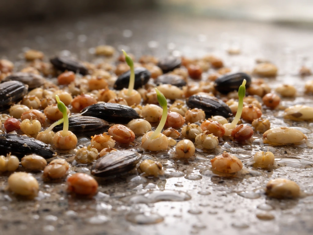 Close-up of damp bird seed indoors with tiny radicles and early shoots sprouting from seeds.