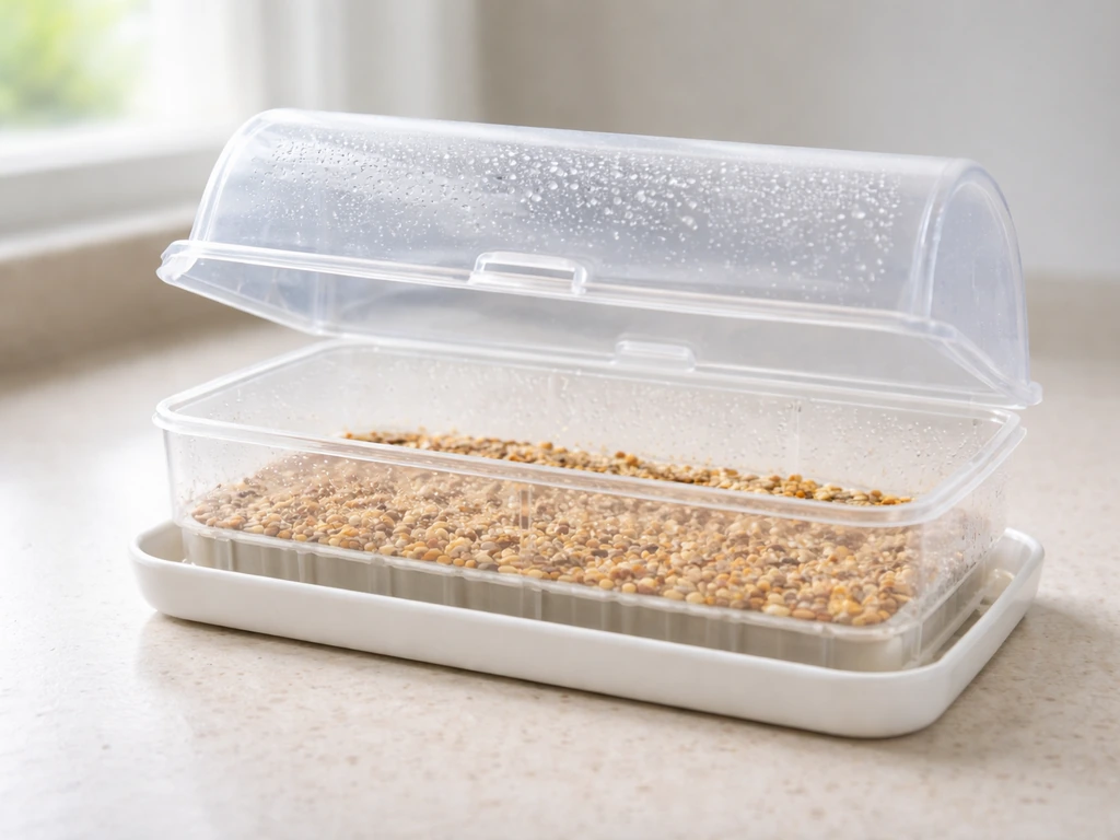 Clean indoor seed sprouting setup with a small container, drainage tray, and fresh seed layer