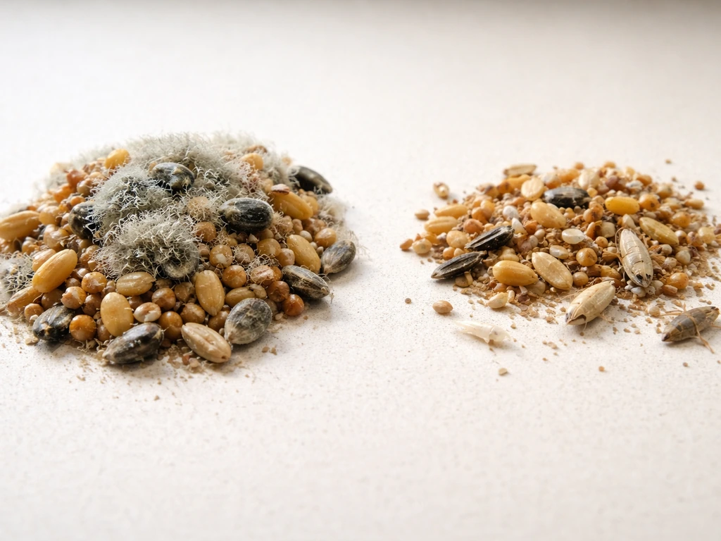 Close-up of moldy bird seed with fuzzy growth beside a few small indoor pest larvae on a plain surface.