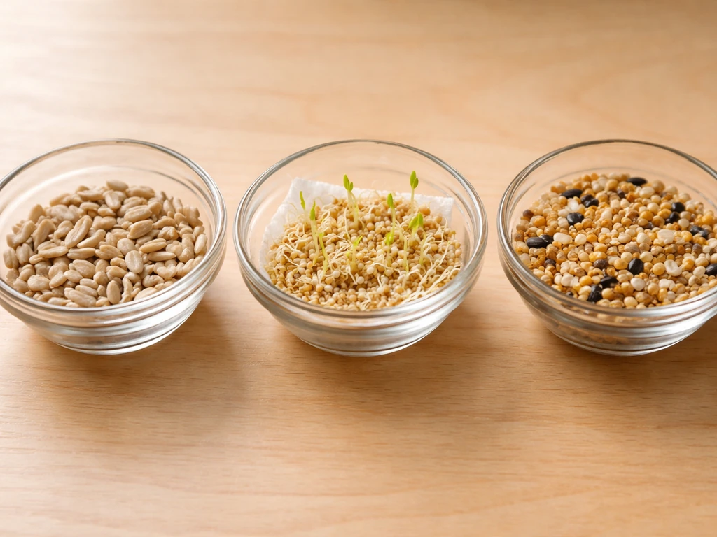 Top-down view of bird seeds in small compartments, with a few millet sprouts visible on one sample.