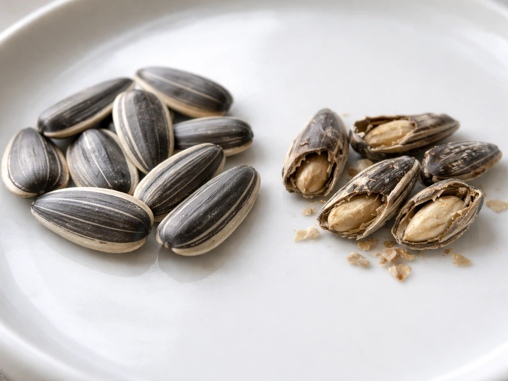 Macro close-up of intact sunflower seeds beside cracked and shriveled seeds on a white plate.