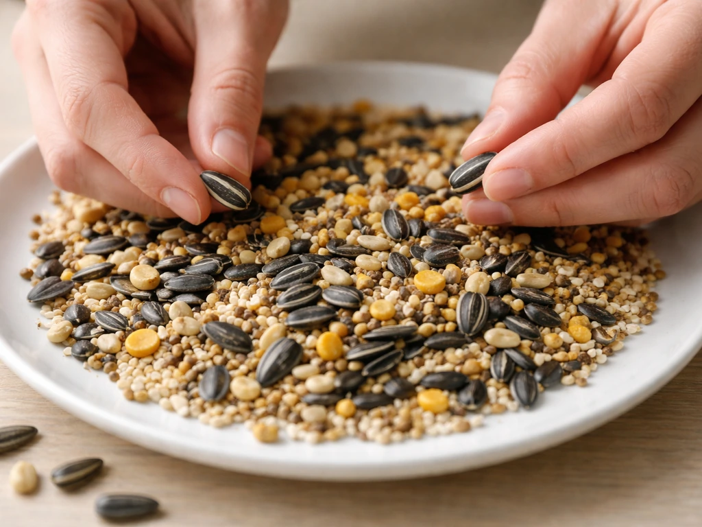 Hands picking whole sunflower seeds from a mixed bird seed blend on a white plate.