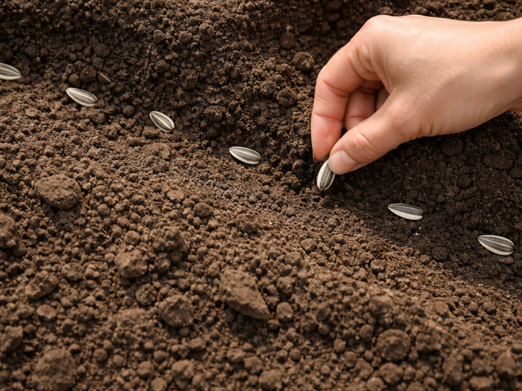 Top-down view of a hand pressing sunflower seeds about 1 inch deep into spaced soil.