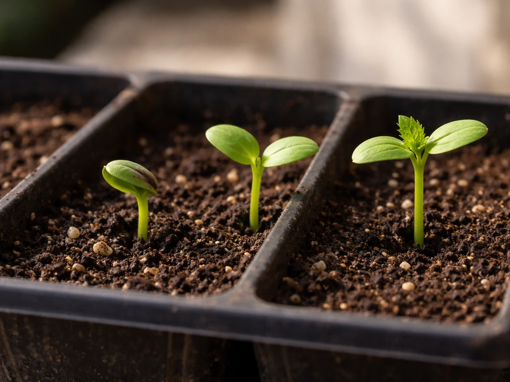 Close-up of sunflower seedlings in soil at different stages: just sprouted, cotyledons open, and true leaves.