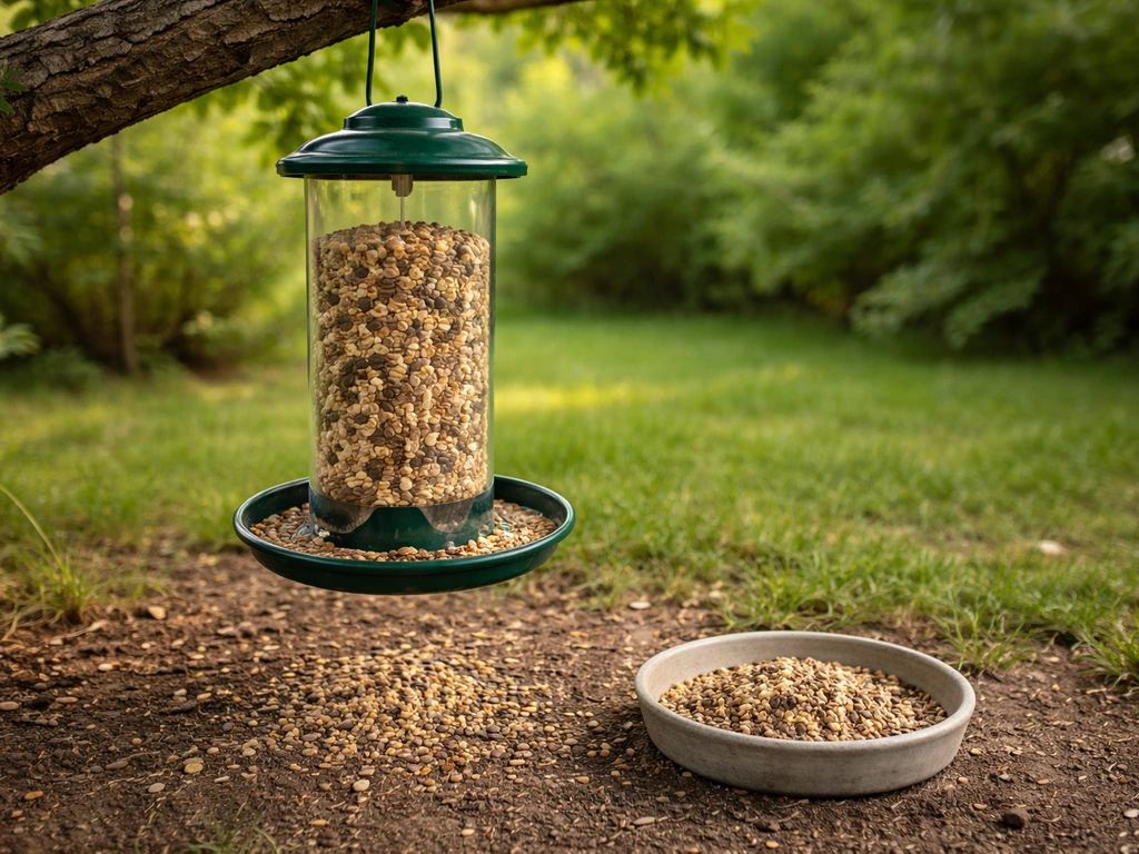 Outdoor bird feeder with fresh seed and a nearby bowl of dull, older seed for safety comparison.