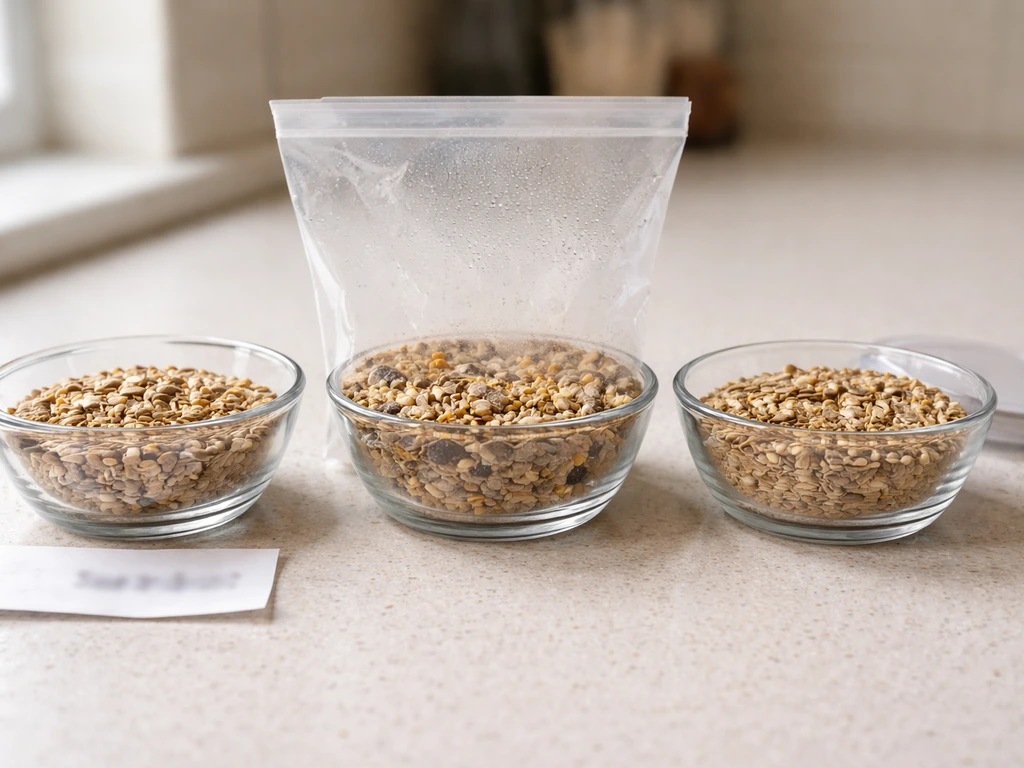 Close-up of birdseed in three bowls suggesting dry storage, humid exposure, and past best-by date.