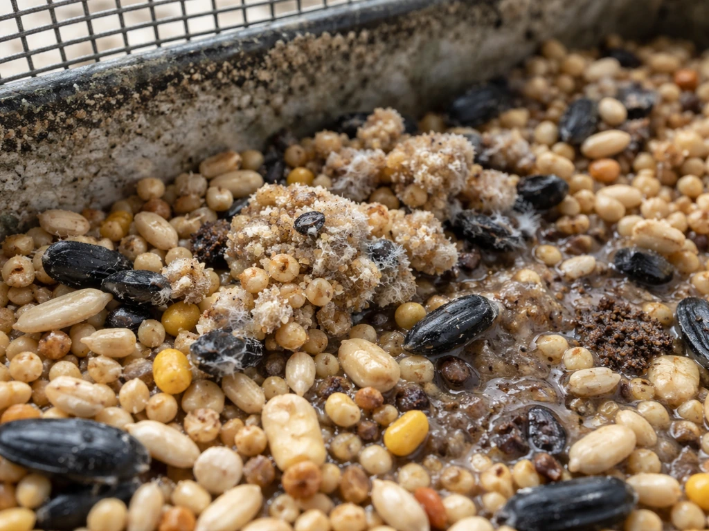 Close-up of wet, clumped bird seed with darkened spots; a dirty feeder component nearby in natural light.