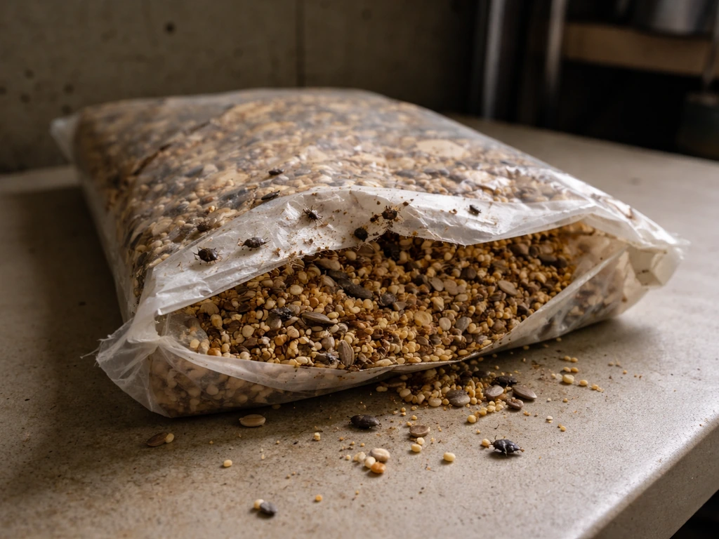 Open birdseed bag with torn packaging and faint webbing, with a few small insects visible near the seam.