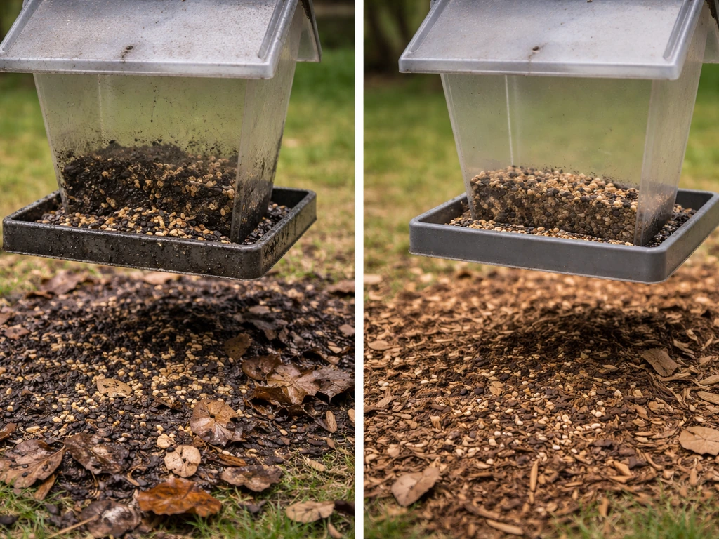 Backyard bird feeder area: dirty wet residue before, dry clean tray and ground after.