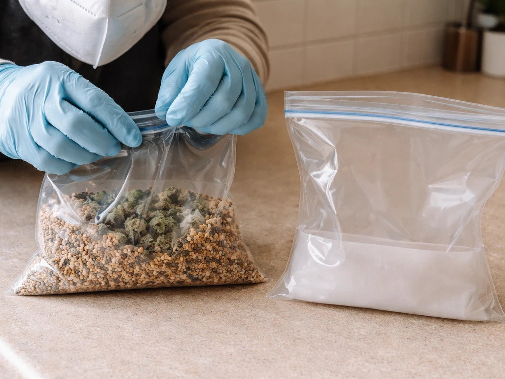 Gloved hands wearing an N95 seal a disposal bag for moldy seed, with a separate clean bag ready to restart.