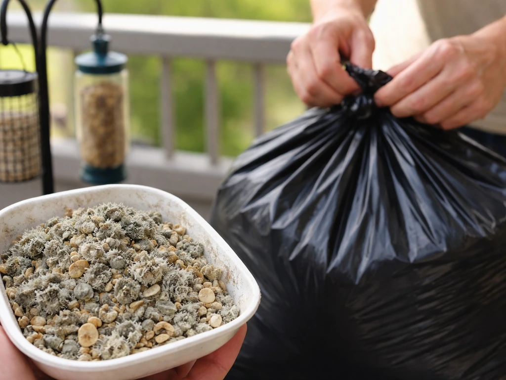 Close-up of moldy bird seed being sealed in a trash bag beside outdoor bird feeders
